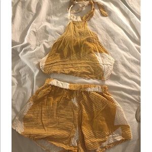 Shein yellow white shorts halter two piece set
